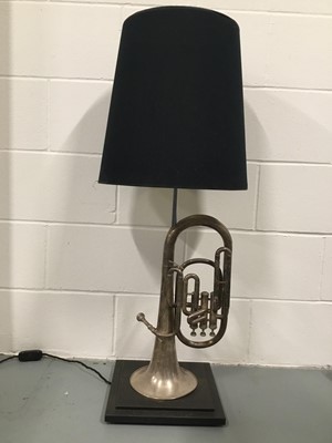 Lot 2643 - Upcycled Euphonium Lamp with large cone shade, 100cm high with shade, on 30cm square base