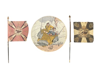 Lot 865 - Pair Imperial German miniature printed silk military standards with metal finials 27cm high and French ballooning plate (3)