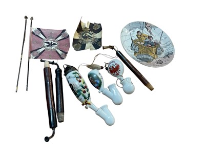 Lot 811 - Pair Imperial German miniature printed silk military standards with metal finials 27cm high and French ballooning plate (3)