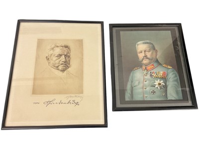 Lot 869 - First World War Imperial German portrait print of Field Marshall Von Hindenburg wearing decorations in glazed frame 32 x 27cm and another etching of him with printed signature in glazed frame (...