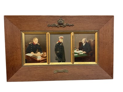 Lot 872 - Imperial German triptych of three hand-tinted photographic portraits of Kaiser Wilhelm I , Field Marshall Moltke and Von Bismark in original oak frame with gilt metal crown and title ' Der Alte...