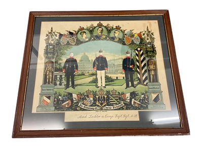 Lot 873 - Imperial German military picture depicting ' Musk. Leckler 12 Comp. Inft. Rgt.No.99' in glazed frame 50 x 58cm