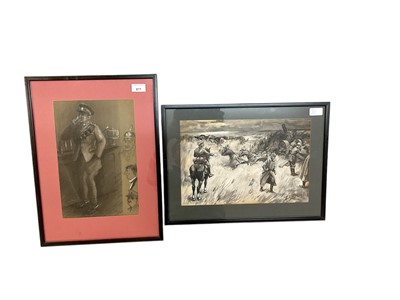 Lot 877 - Two First World War pencil, chalk and wash military illustrations including German Artillery signed L.M.Noble and another of a cavalry Tommy drinking at a bar in glazed frames (2)
