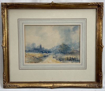 Lot 1267 - *Tom Keating (1917-1984) watercolour - Rural Landscape, probably towards Dedham, signed, 17.5cm x 25cm, in glazed gilt frame
