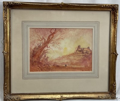 Lot 1266 - *Tom Keating (1917-1984) watercolour after Samuel Palmer - Rural Landscape, signed, 17.5cm x 25cm, in glazed gilt frame