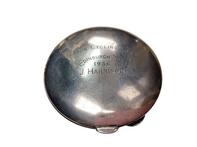 Lot 34 - 1930's silver powder compact with engraved presentation inscription 'Motor Cycling Club Edinburgh Trial 1936 J. Harrison', hallmarked for Birmingham 1936, 6.9cm in diameter.