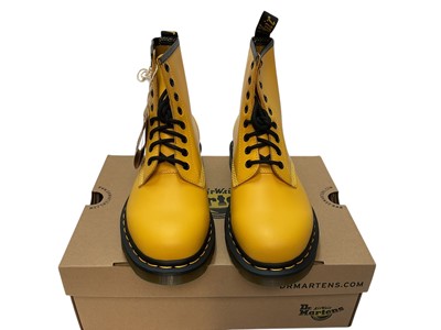 Lot 2070 - Two pairs of Dr Martens boots Silver Lazer Reflective Metallic and Smooth Yellow . Both boxed and size 6 plus a