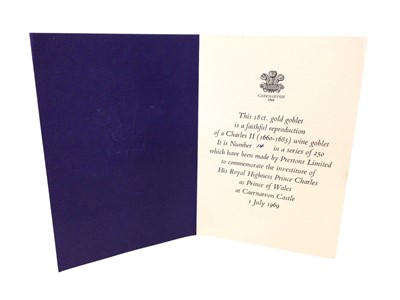 Lot 300 - Fine and rare 18ct gold chalice made to commemorate the investiture of H.R.H. Prince Charles as Prince of Wales at Caernarvon Castle in 1969 finely engraved with Prince of Wales feather crest, i...