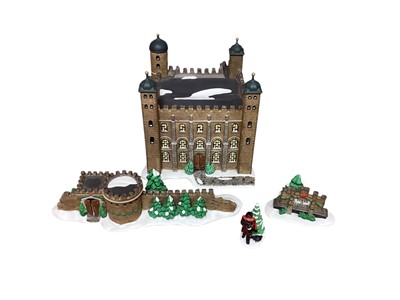 Lot 2758 - Group of Department 56 Dickens' Village Christmas ornaments comprising Tower of London, Tower Bridge of London, Royal Stock Exchange, King's Road Post Office and The Horse and Hounds Pub in orig...