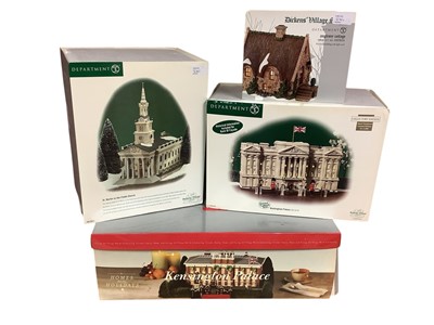 Lot 2761 - Group of Department 56 Dickens' Village Christmas ornaments comprising Kensington Palace, Ramsford Palace, St Martin - in - the - Fields Church, Buckingham Palace and Anglesey Cottage in origina...