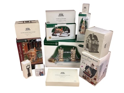 Lot 2762 - Group of Department 56 Christmas ornaments comprising Tower Bridge of London, King's Road Market Cross, Town Clock, English Post Box, Yeoman of the Guard, a fairytale romance, The Queen's Parlia...