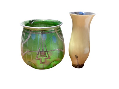 Lot 1143 - Art Nouveau Loetz or Kralik green glass vase with silver overlay, 18cm high (a/f) plus a Caithness vase (2)
