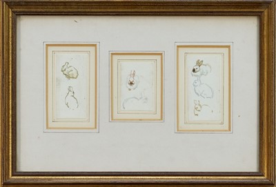 Lot 1363 - Helen Allingham (1848-1926) three small watercolour sketches of rabbits, the largest 7cm x 4cm, mounted together in a glazed gilt frame Provenance: Covent Garden Gallery Ltd.