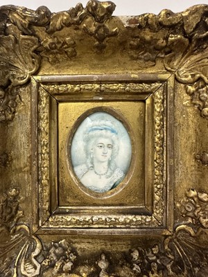 Lot 149 - Zéphirin Belliard (1798-1861) oval portrait miniature on ivory - Madame de Montesson, signed, inscribed verso 'Marquise De Montesson, Z. Belliard', 8.5cm x 6cm, in gilt frame