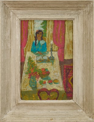 Lot 1373 - Edward Bishop (1902-1997) oil on board - ‘By Candlelight’, 1987, signed with initials, 29cm x 19cm, framed