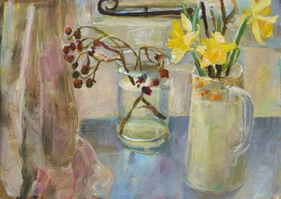 Lot 1159 - *Tessa Newcomb (b.1955) oil on canvas - Still Life with Daffodils, signed and dated '06 and inscribed 'Ipswich The Foundry' and 'On Slate' verso, unframed
