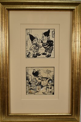 Lot 1374 - Harmsen Van Der Beek (1897-1953) two pen and ink illustrations for Noddy, one signed, 7.5cm x 7.5cm, together in glazed frame