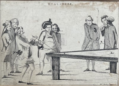 Lot 251 - Manner of Henry William Bunbury (1750-1811) ink on paper - 'Billiards', with signature and date 1799, 26.5cm x 36.5cm, framed