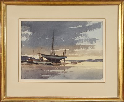 Lot 1077 - *Edward Seago (1910-1974) watercolour - 'Yacht on the Stocks', signed, 26.5cm x 37cm, Edward Seago Estate stamp verso, in glazed gilt frame Provenance: Thomas Gibson Fine Art Ltd., Londo...