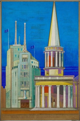 Lot 1137 - Henry Collins (1910-1994) & Joyce Collins nee Pallot (1912-2004) mixed media on canvas board - The BBC and All Souls Langham