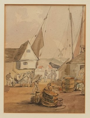 Lot 1298 - George Frost (1745-1821) watercolour - Ipswich Docks, 19cm x 15cm, glazed and framed