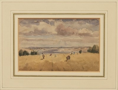 Lot 1301 - Thomas Churchyard (1798-1865) watercolour - Landscape with Cornfield and Reapers, the Deben beyond, 9cm x 14cm, glazed and framed Provenance: Appleby Bros. Ltd., St. James's, Autumn 1966...