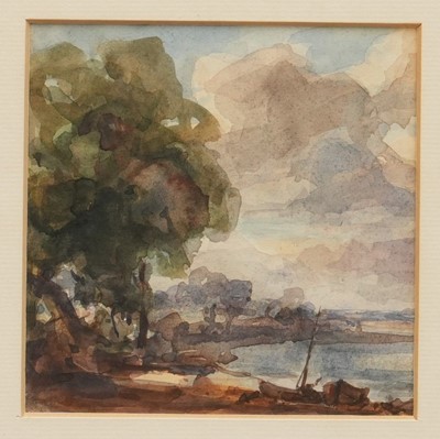 Lot 1308 - Thomas Churchyard (1798-1865) watercolour - Wooded estuary shoreline with fishing boats, 12.5cm x 12.5cm, glazed and framed