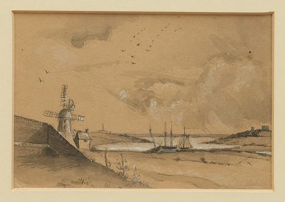 Lot 1305 - Thomas Churchyard (1798-1865) monochrome watercolour and chalk - East Anglian estuary view with Windmill, 11cm x 16cm, framed and glazed