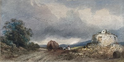 Lot 192 - William Davison (1808-1870) watercolour - Covered Wagon by a stone mill, 12cm x 23cm, signed and dated 1843, in glazed frame