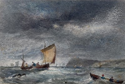 Lot 193 - William Davison (1808-1870) watercolour - Boats off the Coast, signed with initials, 7.5cm x 11cm, in glazed frame