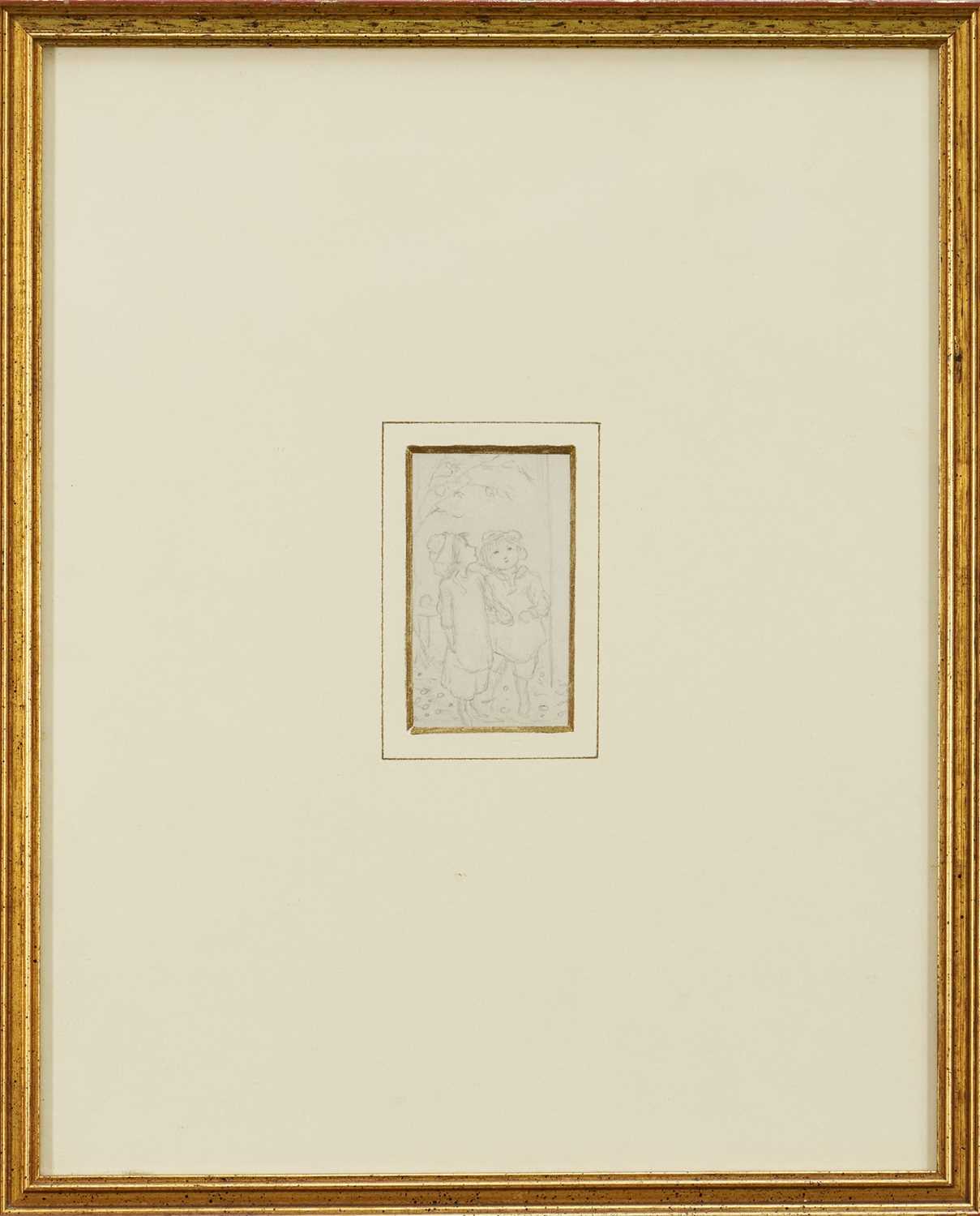 Lot 153 - Kate Greenaway (1846-1901) pencil sketch - Out for a Walk, 7.5cm x 5cm, in glazed frame