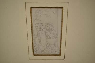 Lot 153 - Kate Greenaway (1846-1901) pencil sketch - Out for a Walk, 7.5cm x 5cm, in glazed frame