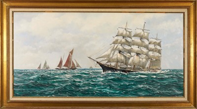 Lot 1275 - Barry Mason (b. 1947) oil on canvas - 'Under Full Sail', signed, 56cm x 112cm, in gilt frame