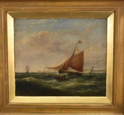 Lot 1276 - English School, early 19th century, oil on canvas - Shipping off the South Coast, 30cm x 35cm, in glazed gilt frame