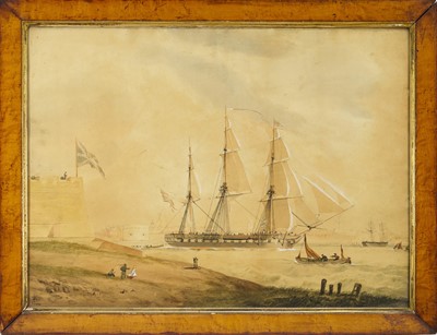 Lot 1278 - English School, early 19th century, watercolour - Marine scene, 48cm x 65cm, in glazed maple veneered frame
