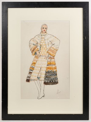 Lot 1457 - Sonya Todd (Contemporary), mixed media fashion drawing of Joanna Lumley