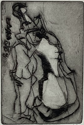 Lot 314 - Abstract etching, titled in pencil 'Double Bass', indistinctly signed, 5/12, 16cm x 11cm, framed and glazed