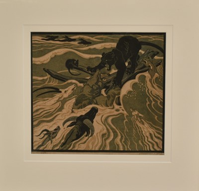 Lot 1389 - *Norbertine Von Bresslern-Roth (1891-1978) linocut - ‘Hochwasser’, signed in pencil, 27cm x 26.5cm, in gilt frame