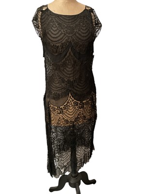 Lot 2065 - 1920's lace and chiffon dress, plus a selection of Edwardian and later black chiffon dresses and one top. Sold with a group of Victorian jackets and skirts.
