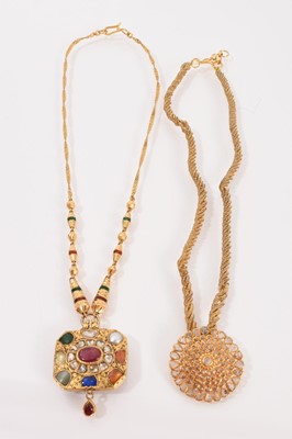 Lot 702 - Indian gold diamond, multi-gem and enamel pendant necklace, together with another Indian gold diamond set cluster pendant on wire work rope twist chain (2)
