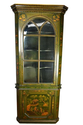Lot 1581 - Regency Chinoiserie green lacquered standing corner cupboard