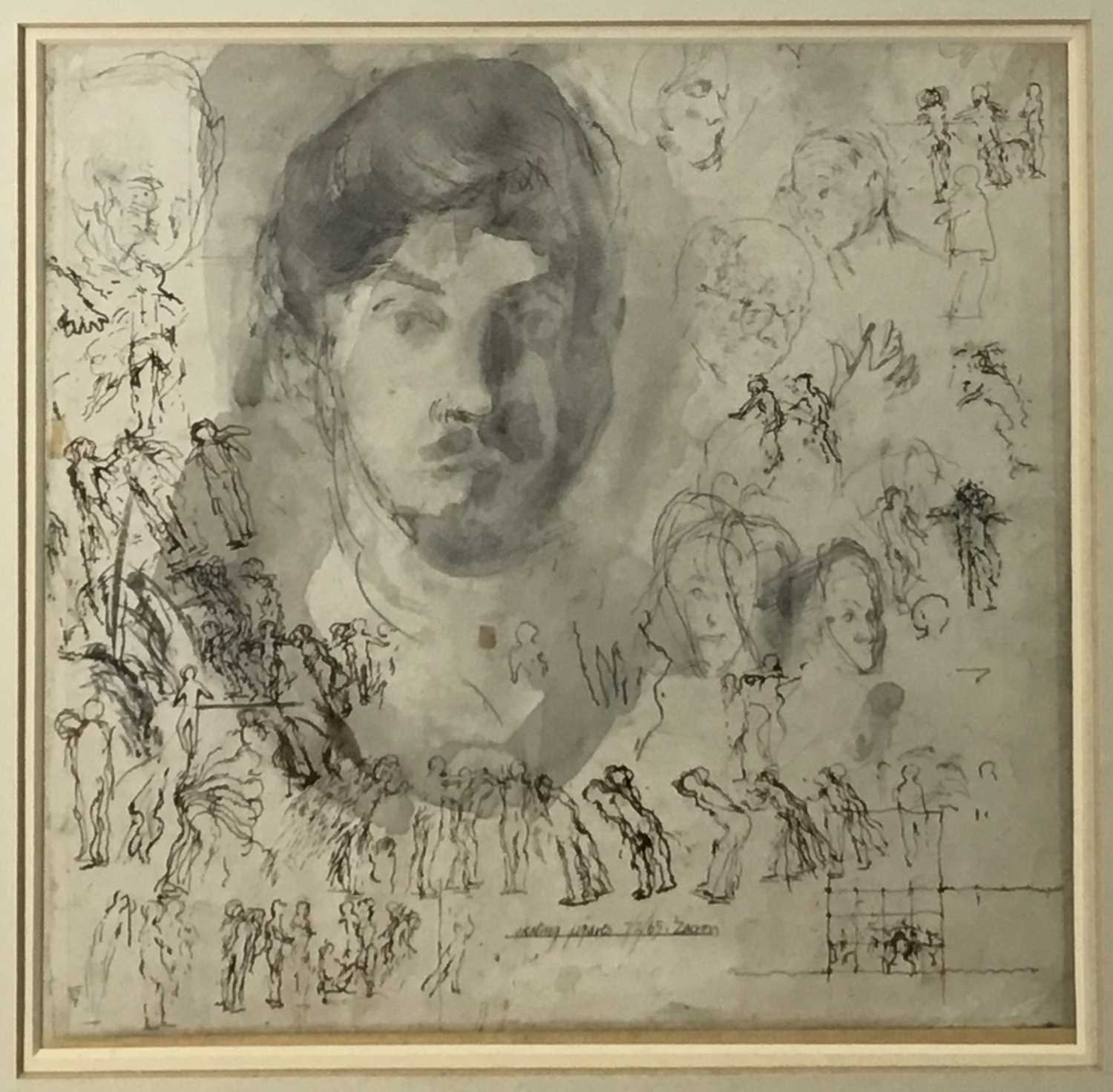 Lot 15 - Richard Drew, known as Zacron (British, 1943-2012) pen and wash, Skating figures, 28 x 28cm, glazed frame