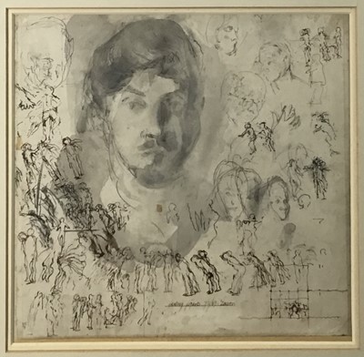 Lot 15 - Richard Drew, known as Zacron (British, 1943-2012) pen and wash, Skating figures, 28 x 28cm, glazed frame