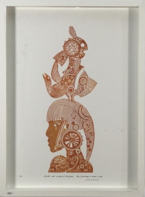 Lot 60 - Richard Drew, known as Zacron (British, 1943-2012) collograph print - Lady of the Gods, from the Journey of Man Suite, signed and numbered, 54 x 39cm, glazed frame