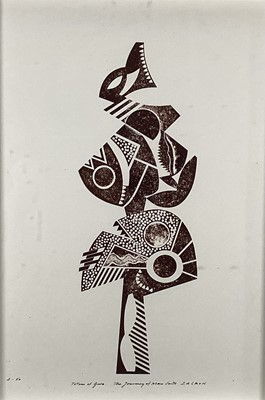 Lot 63 - Richard Drew, known as Zacron (British, 1943-2012) collograph print - Totem of Gula, from the Journey of Man Suite, signed and numbered, 54 x 39cm, glazed frame