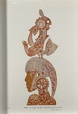 Lot 87 - Richard Drew, known as Zacron (British, 1943-2012) collograph print - Planet of the Crossing, from the Journey of Man Suite, signed and numbered, 54 x 39cm, glazed frame