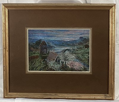 Lot 77 - Richard Drew, known as Zacron (British, 1943-2012) pastel, The Town in the Orchards, signed and dated 1982, 17 x 24cm, glazed frame