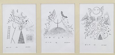 Lot 93 - Richard Drew, known as Zacron (British, 1943-2012) pen and ink - The Passage of New Life, three works framed together, signed and dated '06, each 20 x 13cm, glazed frame, together with two furth...