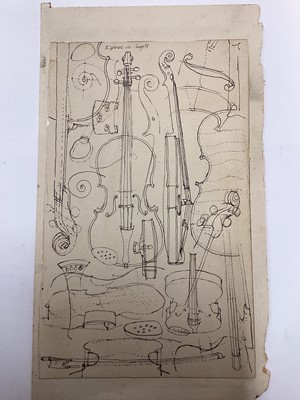 Lot 49 - Richard Drew, known as Zacron (British, 1943-2012) pen and ink, violin studies, 18 x 12cm, with an A4 album of sketchbook material