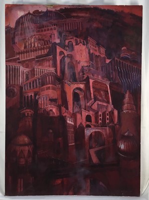 Lot 81 - Richard Drew, known as Zacron (British, 1943-2012), watercolour, egg tempera and oil on paper mounted on board - Red City, 1962, 70 x 50cm